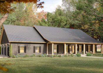 4‑Bed Barndominium House Plan with Vaulted Great Room (25052DH) (2,519 sq ft)