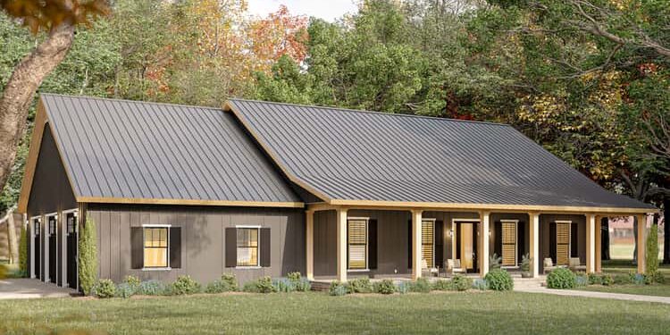 4‑Bed Barndominium House Plan with Vaulted Great Room (25052DH) (2,519 sq ft)