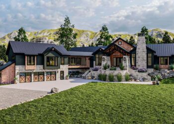 Modern Mountain House Plan with Angled 3-Car Garage