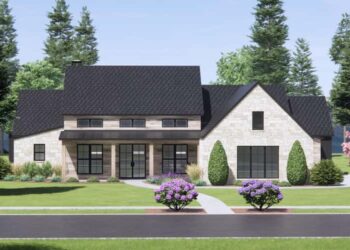 One-level Mountain Modern Plan with 12′ Deep Back Porch — described in full detail.