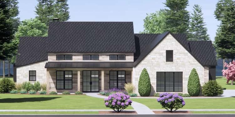 One-level Mountain Modern Plan with 12′ Deep Back Porch — described in full detail.