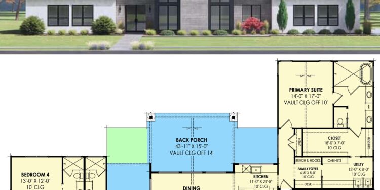 Symmetrical Scandinavian House Plan with Split Bedrooms & Vaulted Living – ~2,892 Sq Ft of Light, Fluid One-Level Living