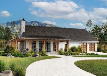 4-Bed Modern Farmhouse Barndominium with Wraparound Porch – Cozy, Versatile & Welcoming (~2,400 Sq Ft)