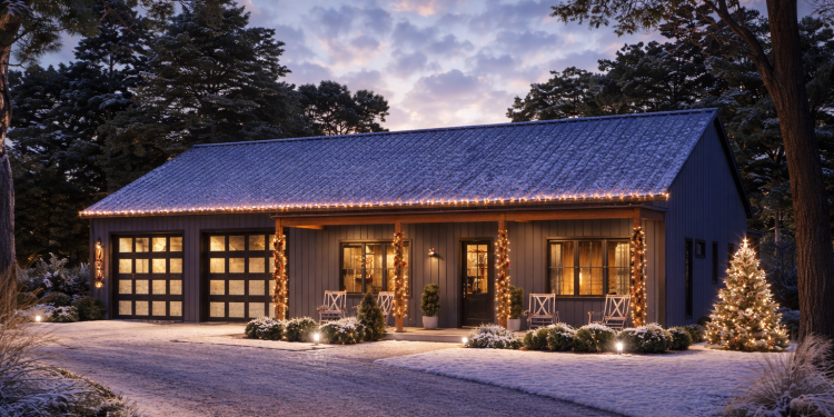 Barndominium Plan – Efficient & Stylish 2-Bedroom, 2-Bathroom Home with Wraparound Porch (~1,260 Sq Ft)