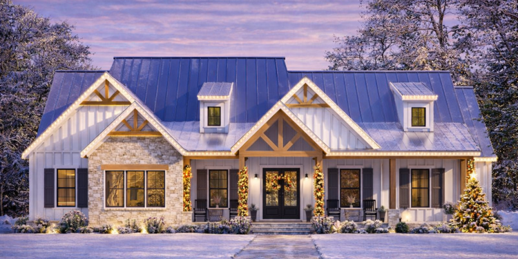 Modern Farmhouse Plan – Elegant 4–5 Bedroom, 3.5-Bathroom Single-Story Home with Porch & Flexible Layout (~2,686 Sq Ft)