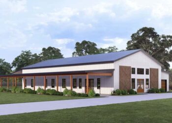 Barndominium Farmhouse Plan – 3,309 Sq Ft, 4 Bedrooms, 3 Bathrooms