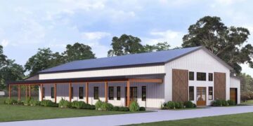 Barndominium Farmhouse Plan – 3,309 Sq Ft, 4 Bedrooms, 3 Bathrooms