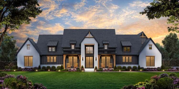 4-Bed Modern Farmhouse Plan with Outdoor Kitchen and Fireplace – 3877 Sq Ft