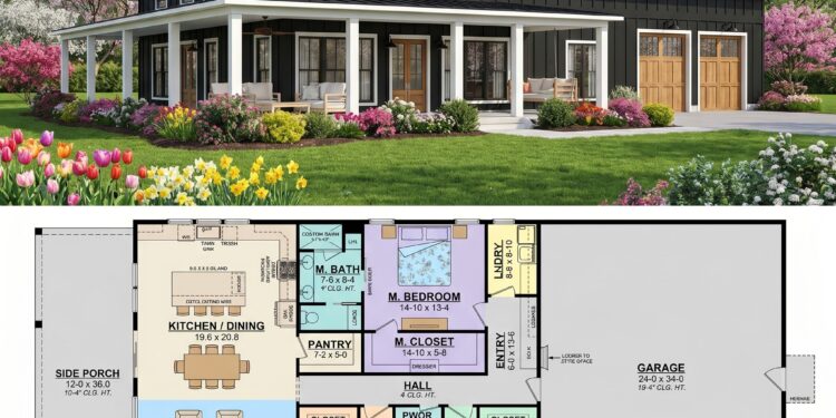 Barndominium Farmhouse Plan – 2,000 Sq Ft, 3 Bedrooms, 2.5 Bathrooms