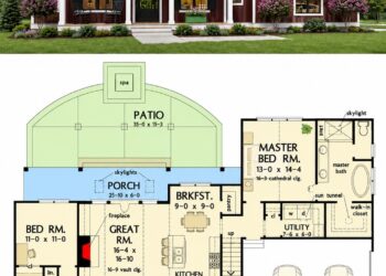 Modern Farmhouse Style Home Plan – 3 Bedroom Design with Study, Vaulted Great Room and Rear Patio Spa