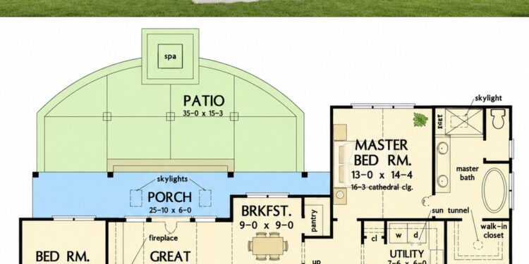 Modern Farmhouse Style Home Plan – 3 Bedroom Design with Study, Vaulted Great Room and Rear Patio Spa