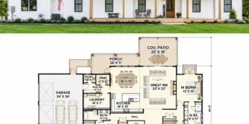2883 Sq. Ft. Modern Farmhouse Plan with 4 Bedrooms, 2.5 Bathrooms, and Expansive Porch Living
