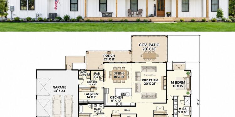 2883 Sq. Ft. Modern Farmhouse Plan with 4 Bedrooms, 2.5 Bathrooms, and Expansive Porch Living