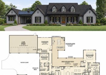 3272 Sq. Ft. Modern Farmhouse Plan with 4 Bedrooms, 3.5 Bathrooms, Porte-Cochere, and Luxury Outdoor Living