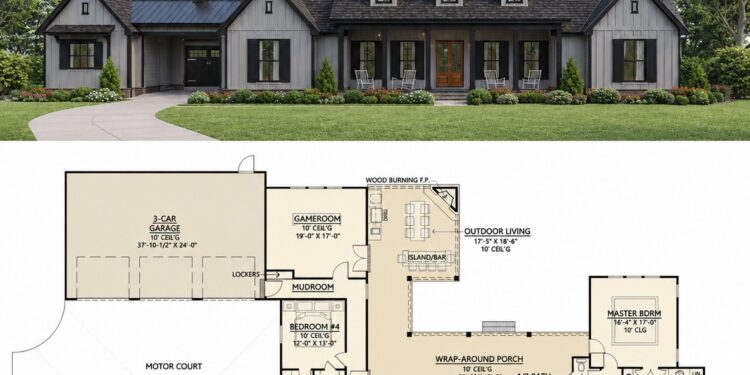 3272 Sq. Ft. Modern Farmhouse Plan with 4 Bedrooms, 3.5 Bathrooms, Porte-Cochere, and Luxury Outdoor Living