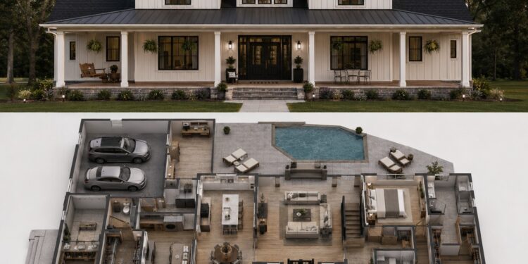 2743 Sq. Ft. Modern Farmhouse Plan with 4 Bedrooms, 4.5 Bathrooms, Loft, and 3-Car Garage