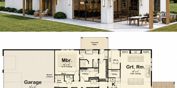 2752 Sq. Ft. Barndominium Plan with 3 Bedrooms, 2.5 Bathrooms, Office, and Massive 3-Car Garage