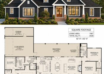 1967 Sq. Ft. Modern Farmhouse Plan with 3 Bedrooms, 2.5 Bathrooms, and Outdoor Kitchen Porch