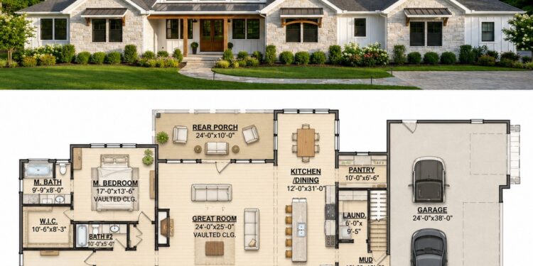 2473 Sq. Ft. Modern Farmhouse Plan with 3–4 Bedrooms, 2 Bathrooms, and Flexible Bonus Space