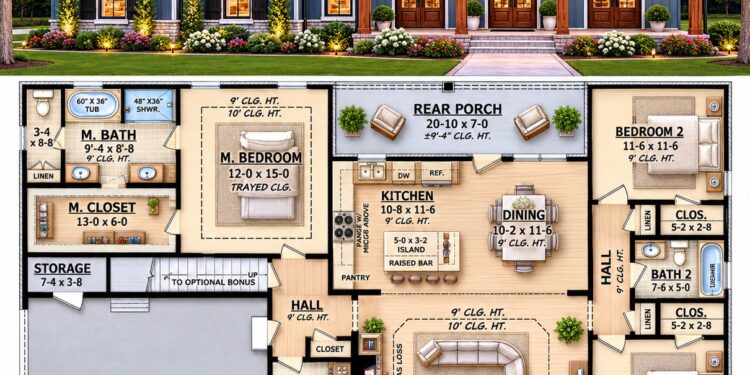 1500 Sq. Ft. French Country Plan with 3 Bedrooms, 2 Bathrooms, and Open Family Living