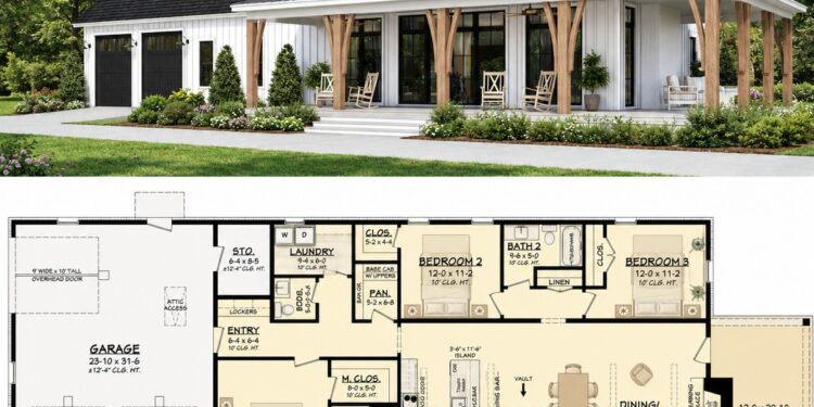 1878 Sq. Ft. Barndominium Plan with 3 Bedrooms, 2.5 Bathrooms, Wraparound Porch, and 3-Car Garage
