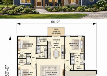 1343 Sq. Ft. Modern Farmhouse Plan with 3 Bedrooms, 2 Bathrooms, and Efficient One-Story Living