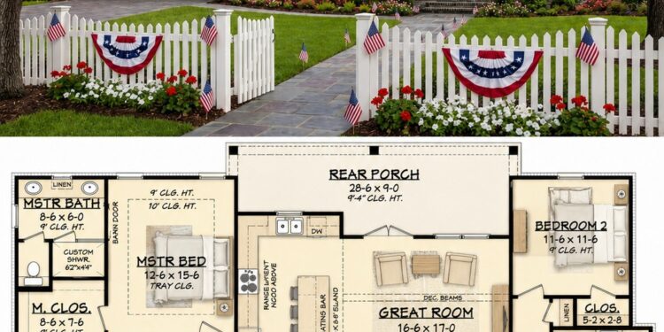 1706 Sq. Ft. Modern Farmhouse Plan with 3 Bedrooms, 2 Bathrooms, and Vaulted Great Room Living