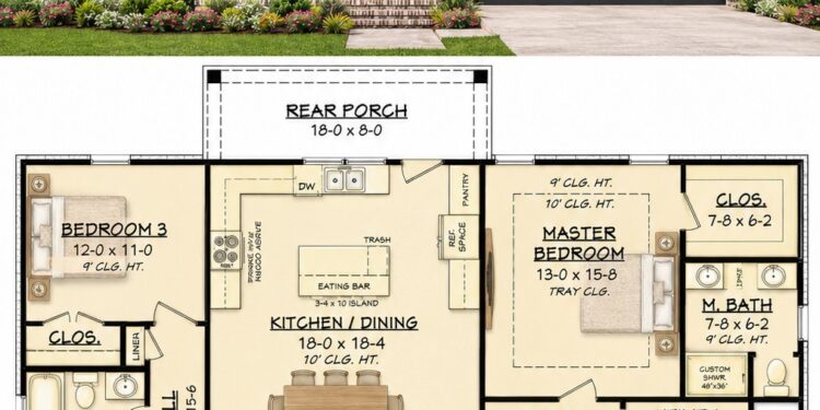 1521 Sq. Ft. Country Plan with 3 Bedrooms, 2 Bathrooms, and Split Bedroom Living