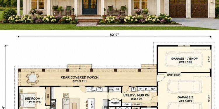 2238 Sq. Ft. Farmhouse Plan with 4 Bedrooms, 3.5 Bathrooms, Bonus Space, and Open Family Living