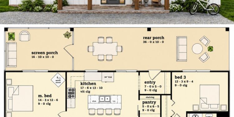 1497 Sq. Ft. Modern Farmhouse Plan with 3 Bedrooms, 2 Bathrooms, Loft, and Screened Rear Porch