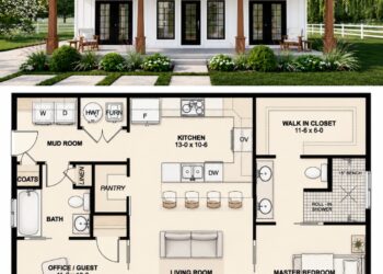 988 Sq. Ft. Modern Farmhouse Plan with 2 Bedrooms, 2 Bathrooms, Office Space, and Covered Porch