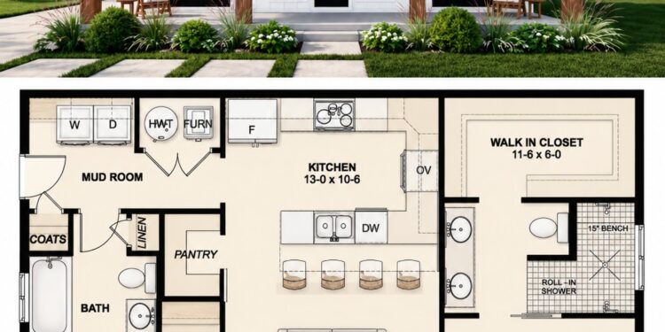988 Sq. Ft. Modern Farmhouse Plan with 2 Bedrooms, 2 Bathrooms, Office Space, and Covered Porch