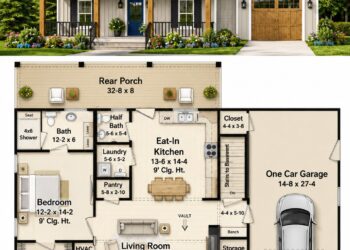 945 Sq. Ft. Modern Farmhouse Plan with 1 Bedroom, 1.5 Bathrooms, Vaulted Living Room, and 1-Car Garage
