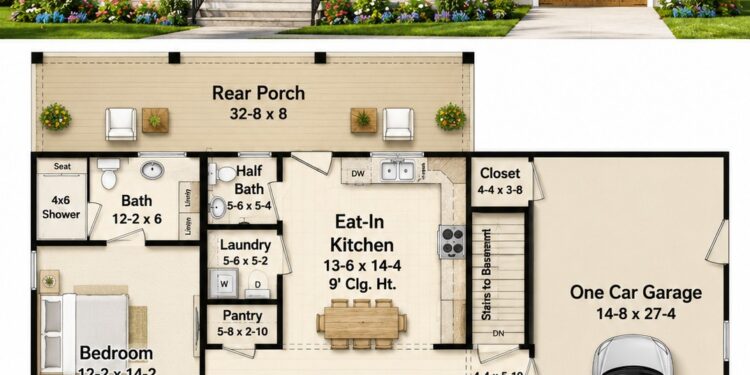 945 Sq. Ft. Modern Farmhouse Plan with 1 Bedroom, 1.5 Bathrooms, Vaulted Living Room, and 1-Car Garage