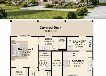 1020 Sq. Ft. Cottage Plan with 2 Bedrooms, 2 Bathrooms, Open Living, and Charming One-Story Comfort