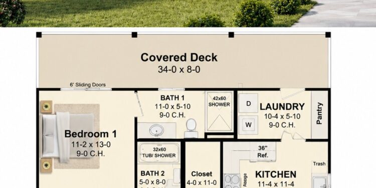 1020 Sq. Ft. Cottage Plan with 2 Bedrooms, 2 Bathrooms, Open Living, and Charming One-Story Comfort