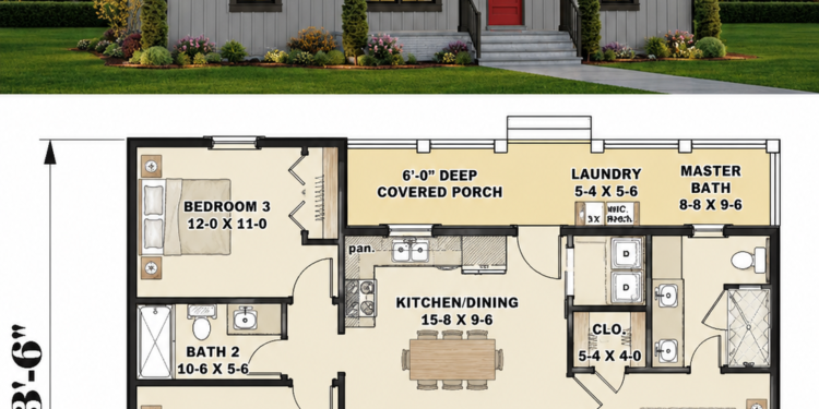 1035 Sq. Ft. Country Plan with 3 Bedrooms, 2 Bathrooms, and Efficient Open Living