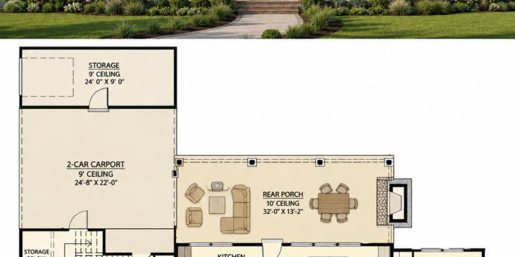 2291 Sq. Ft. Modern Farmhouse Plan with 3 Bedrooms, 2.5 Bathrooms, and Open Living Design