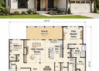 1819 Sq. Ft. Modern Farmhouse Plan with 3 Bedrooms, 2 Bathrooms, and Vaulted Open Living