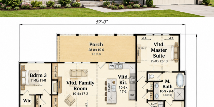 1819 Sq. Ft. Modern Farmhouse Plan with 3 Bedrooms, 2 Bathrooms, and Vaulted Open Living