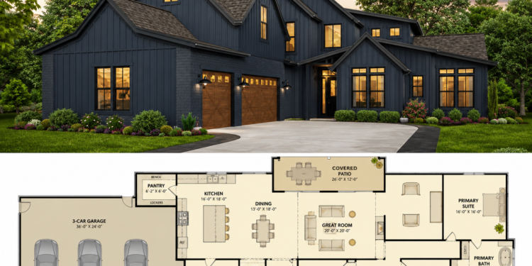 Modern Farmhouse House Plan – 4 Bedrooms, 3-Car Garage