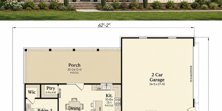 1300 Sq. Ft. Modern Farmhouse Plan with 3 Bedrooms, 2 Bathrooms, and Narrow-Lot Friendly Design