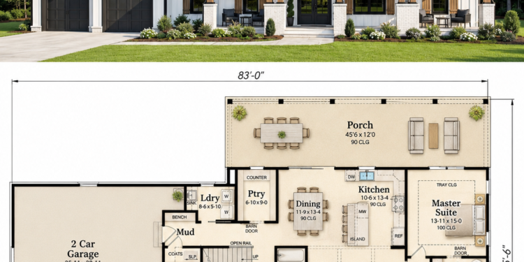 1795 Sq. Ft. Modern Farmhouse Plan with 3–4 Bedrooms, 2 Bathrooms, Bonus Room, and 2–3 Car Garage