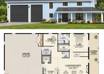 2456 Sq. Ft. Barndominium Plan with 3 Bedrooms, 2.5 Bathrooms, Loft, and Wraparound Porch
