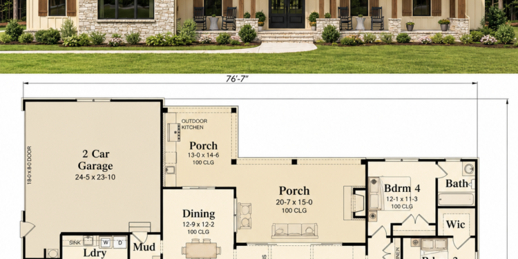 2686 Sq. Ft. Modern Farmhouse Plan with 4–5 Bedrooms, 3.5 Bathrooms, Loft, and Side-Entry Garage