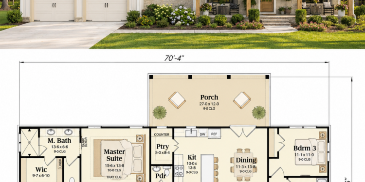 1725 Sq. Ft. Modern Farmhouse Plan with 3 Bedrooms, 2.5 Bathrooms, and Split Bedroom Layout