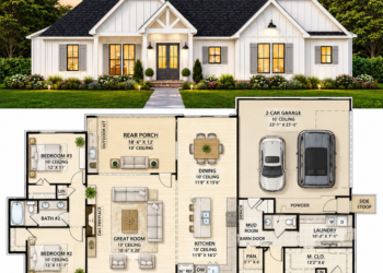 1993 Sq. Ft. Modern Farmhouse Plan with 3 Bedrooms, 2.5 Bathrooms, Mudroom, and Vaulted Primary Suite