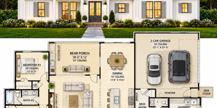 1993 Sq. Ft. Modern Farmhouse Plan with 3 Bedrooms, 2.5 Bathrooms, Mudroom, and Vaulted Primary Suite
