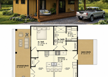919 Sq. Ft. Cabin Plan with 1 Bedroom, 1 Bathroom, and Rustic Open Living Design