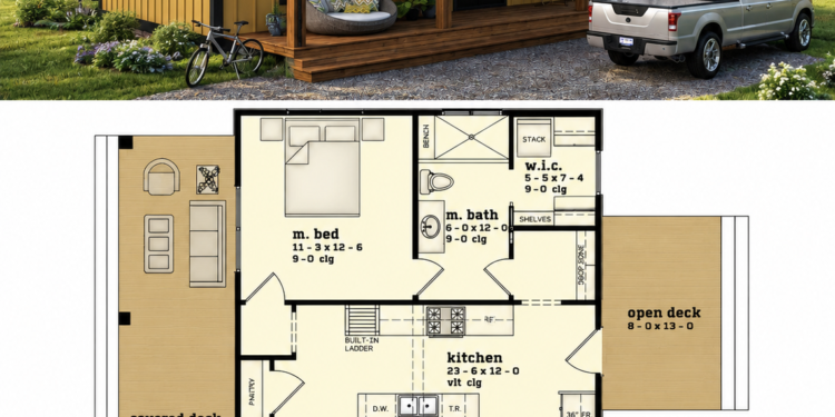 919 Sq. Ft. Cabin Plan with 1 Bedroom, 1 Bathroom, and Rustic Open Living Design